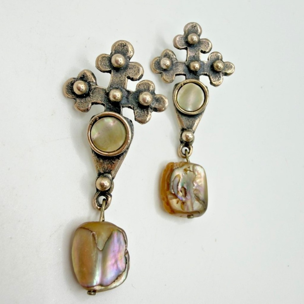 Sterling Silver Cross Earrings Artisan Made Mother of Pearl Abalone Southwestern - Picture 3 of 8